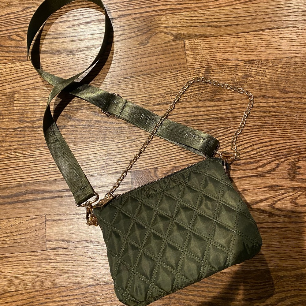 Nicole Miller olive green quilted bag. Detachable gold chain & crossbody strap.